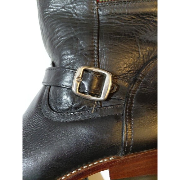 Women's 9.5-10 Calf Length Strap Buckle Tapestry Accent Black Leather Zip Boots - Picture 6 of 8